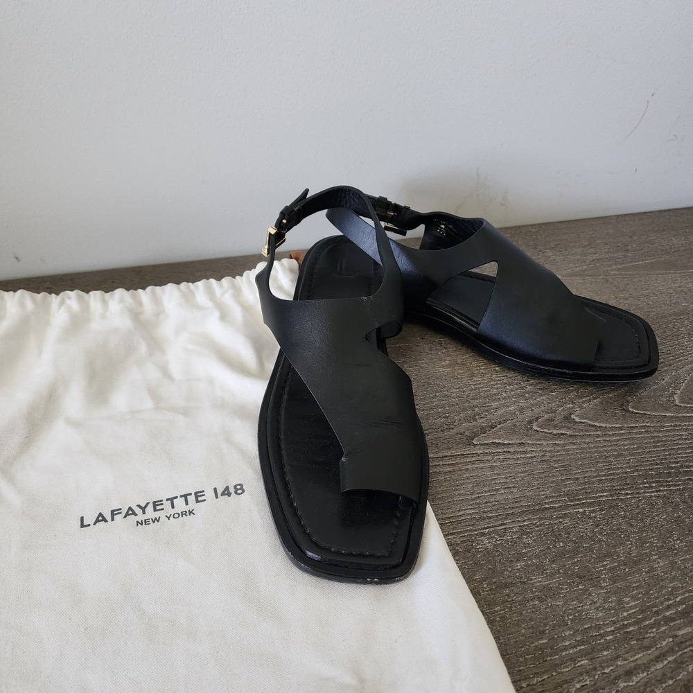 Lafayette 148 Celia Sandal Black Leather Slingback Flat 39.5 US 9.5 Quiet Luxury